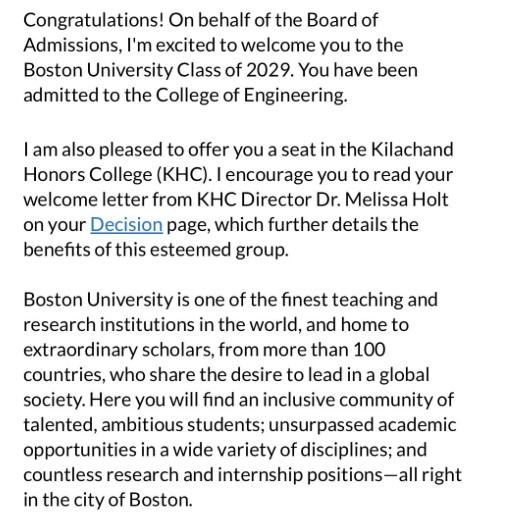 Admission letter: Boston University College of Engineering, Class of 2029, Kilachand Honors College
