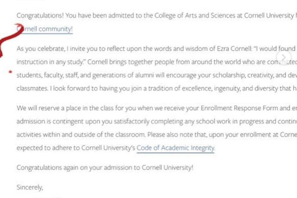 Admission letter: Cornell University College of Arts and Sciences
