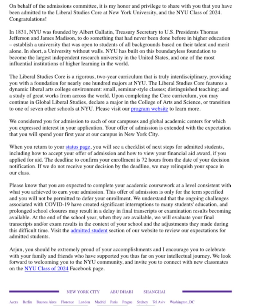 Admission letter: NYU Liberal Studies Core, Class of 2024